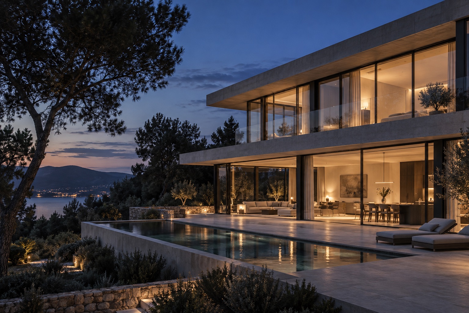 Architektonische Visualisierung einer modernen Villa mit großflächiger Verglasung in der Abenddämmerung